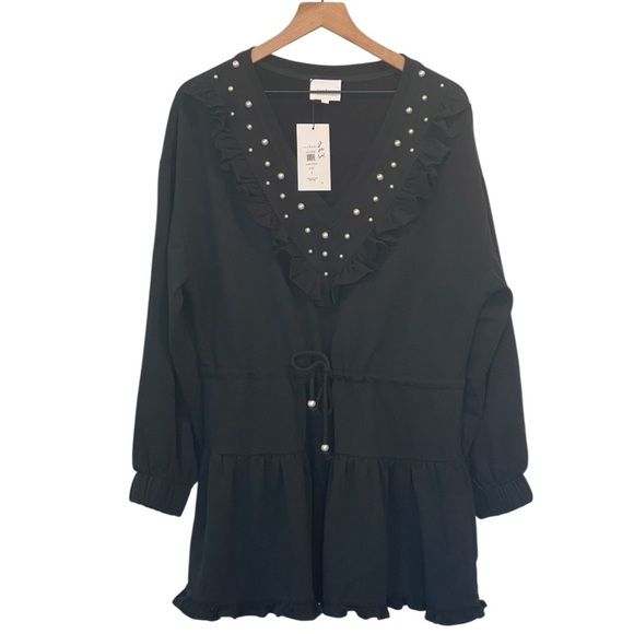 NWT Sundays Gemma Black Ruffle Mini Dress with Pearl Accents, Elastic Waist, XL - Picture 2 of 16